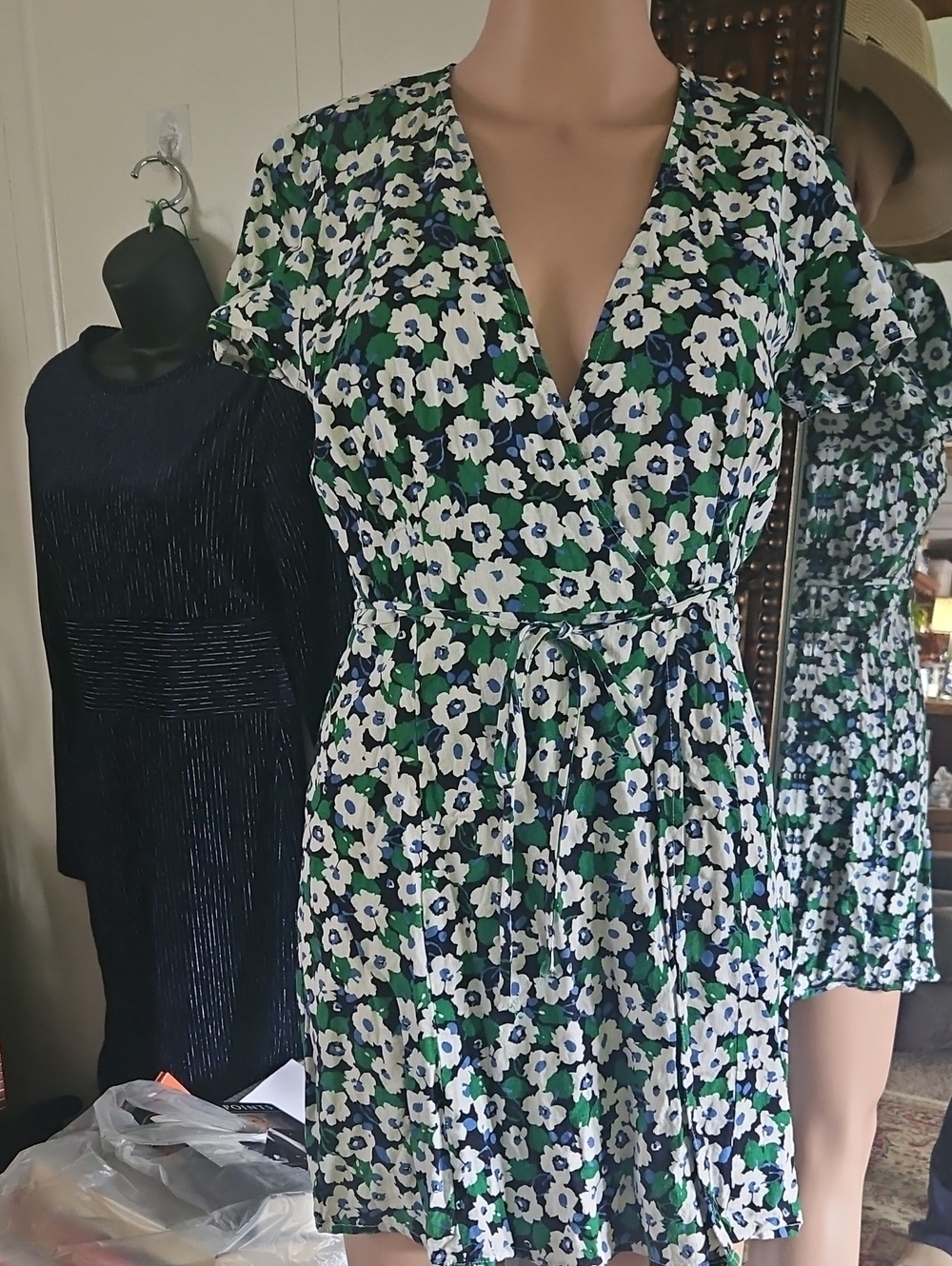 Olivaceous Green, White and Blue Floral Wrap Mini Dress with Tie Waist